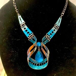 Silver & Aqua Metal & Gem Statement Necklace